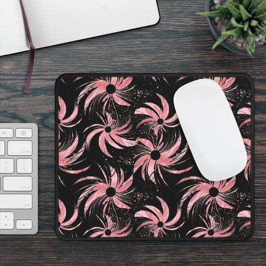 Stellar Blooms of Cosmic Pink on Midnight Black Design Gaming Mouse Pad with Finished Edges