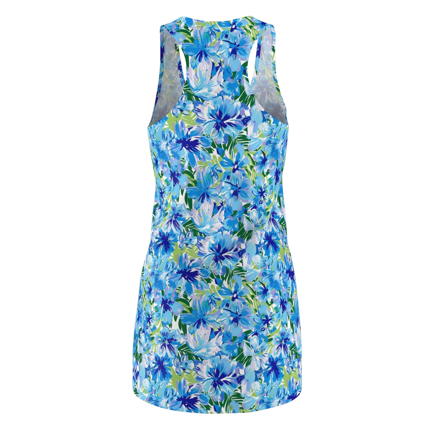 Azure Bloom Oasis: Bright Blue Large Flowers with Lush Green Palm Leaves Women's Racerback Dress XS - 2XL