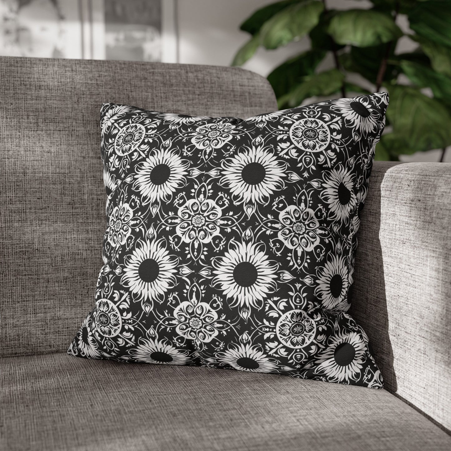 Elegant Mandala Design with Black and White Sunflowers Spun Polyester Square Pillowcase 4 Sizes