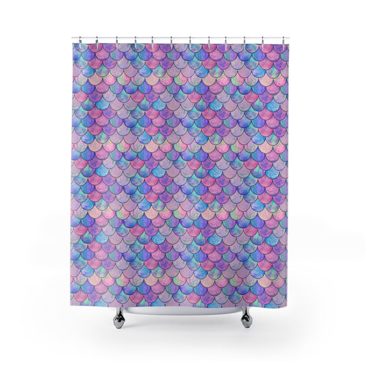 Enchanting Mermaid Hues: Pink and Purple Shimmering Scales Bathroom Shower Curtain   71" × 74"