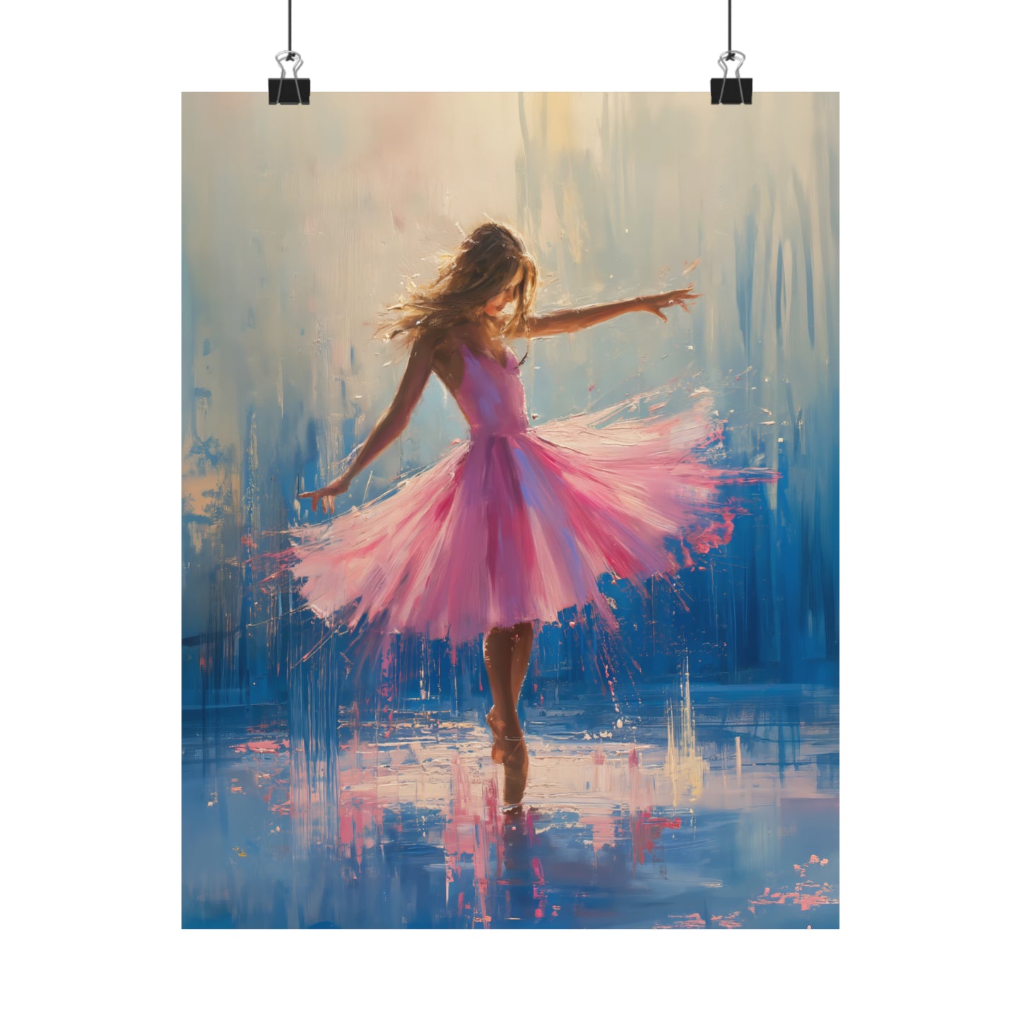 Gentle Grace: Ballerina in Delicate Pink Dress Dancing in the Sunlight Print on Matte Poster - 11 Sizes