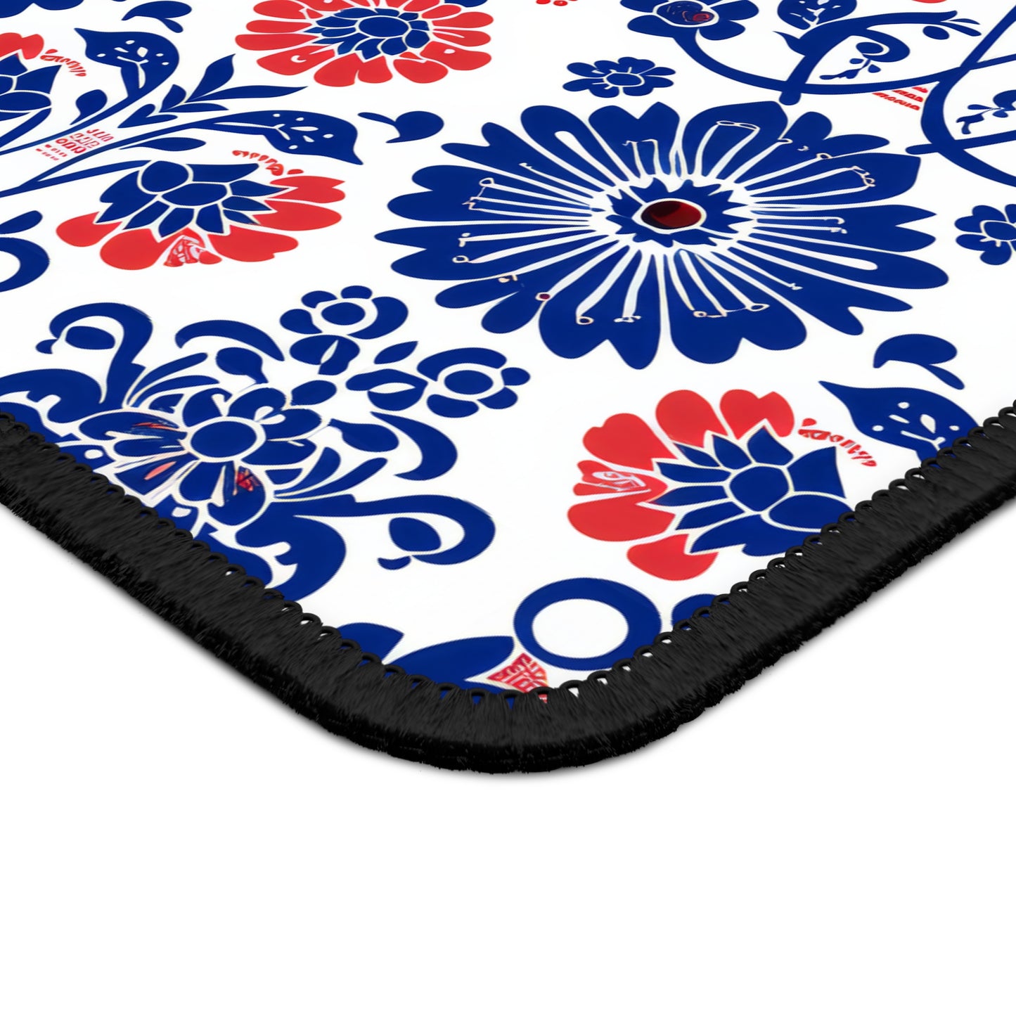 Charming Folk Blooms in Classic Polish Pottery Inspired Floral Pattern in Blue and Red Gaming Mouse Pad with Finished Edges