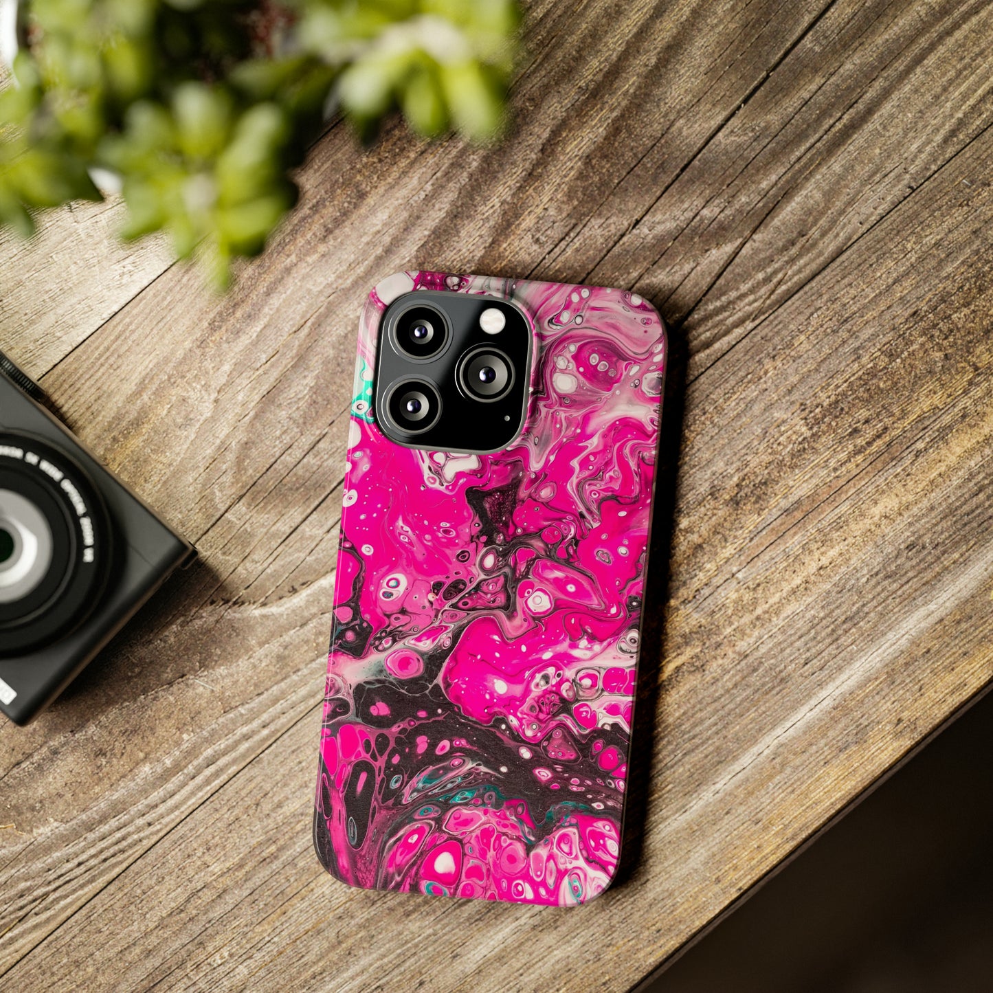 Pink, Black and White Alcohol Ink Design Iphone 15-12 Slim Phone Case