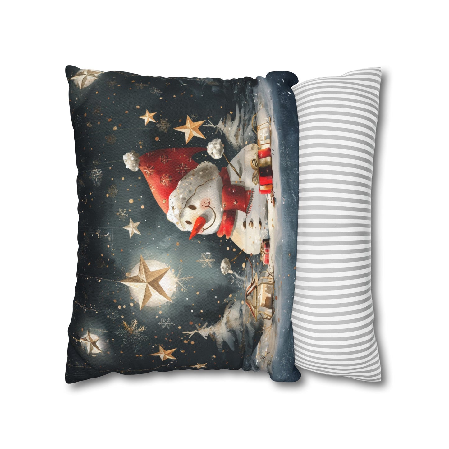 Moonlit Frost: Snowman Basking in Moonlight Surrounded by Presents Spun Polyester Square Pillowcase 4 Sizes