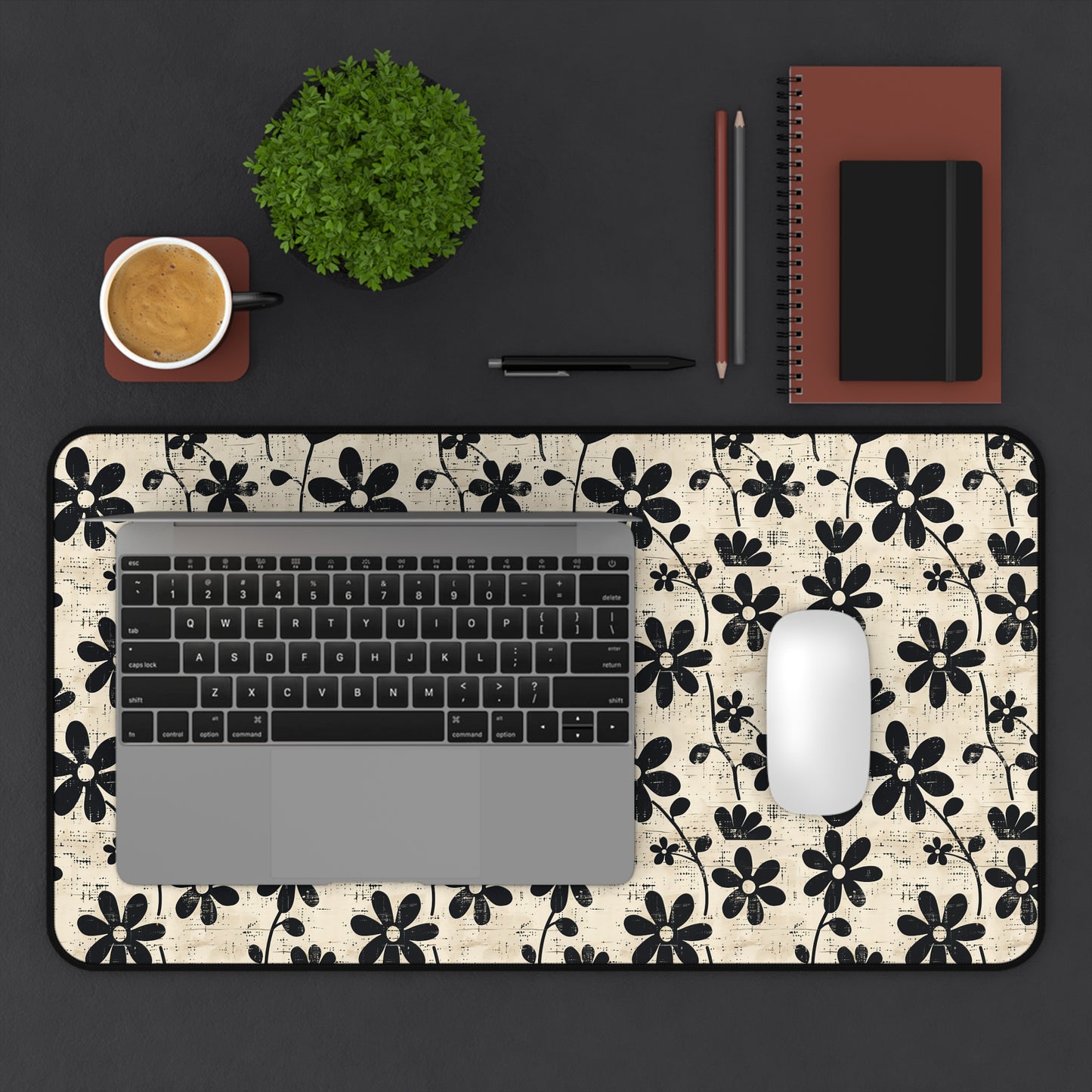 Distressed Black Floral on Beige Background Extended Gaming Mouse Pad  Desk Mat  - 3 Sizes