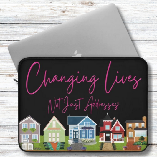 Changing Lives Not Just Addresses™ Pink on Black Laptop or Ipad Protective Sleeve Three Sizes Available