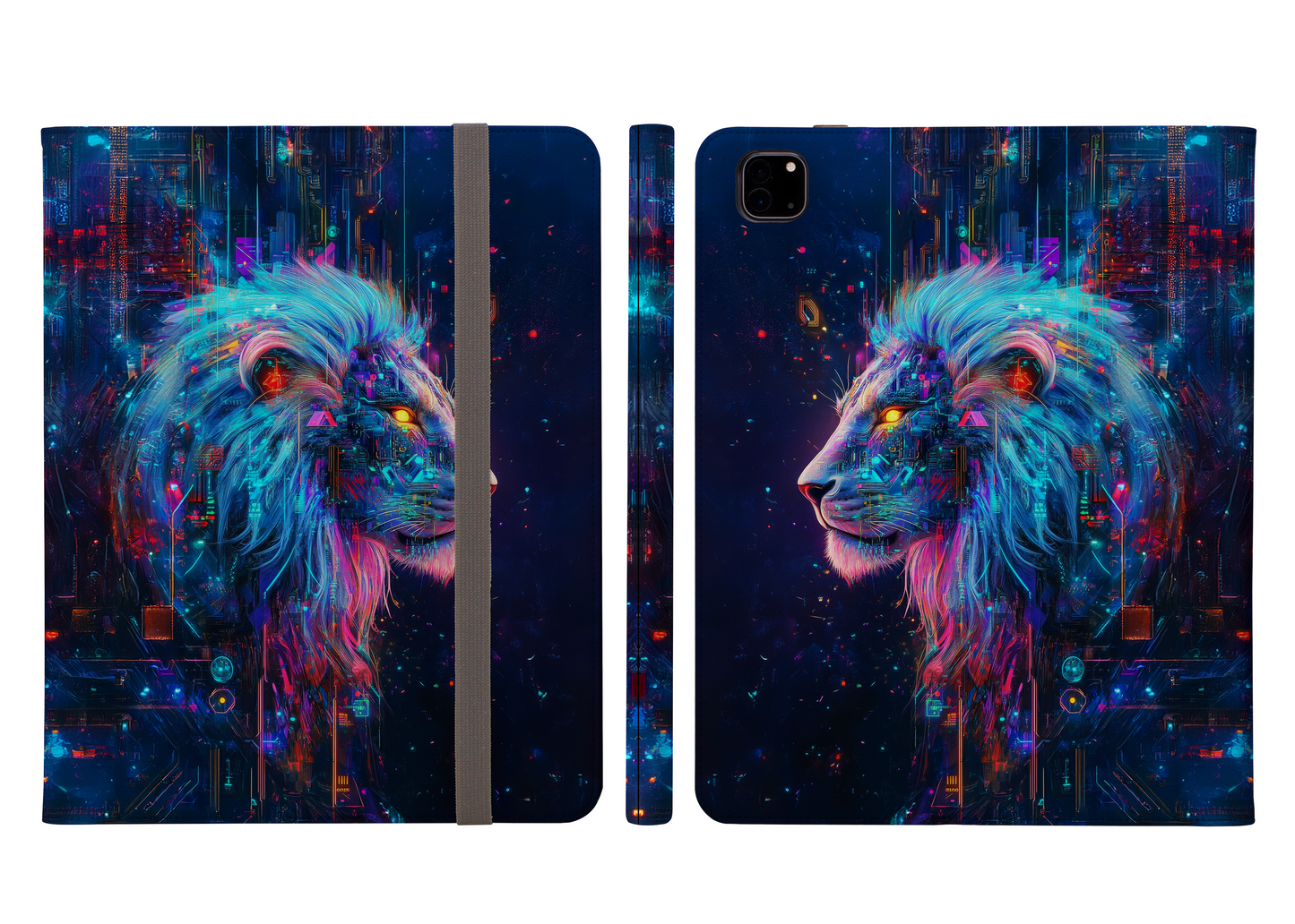 Futuristic Cybernetic Lion Art Vibrant Tech-Inspired Ipad Pro 11 & Pro 12.9 Protective Case and Pencil Holder