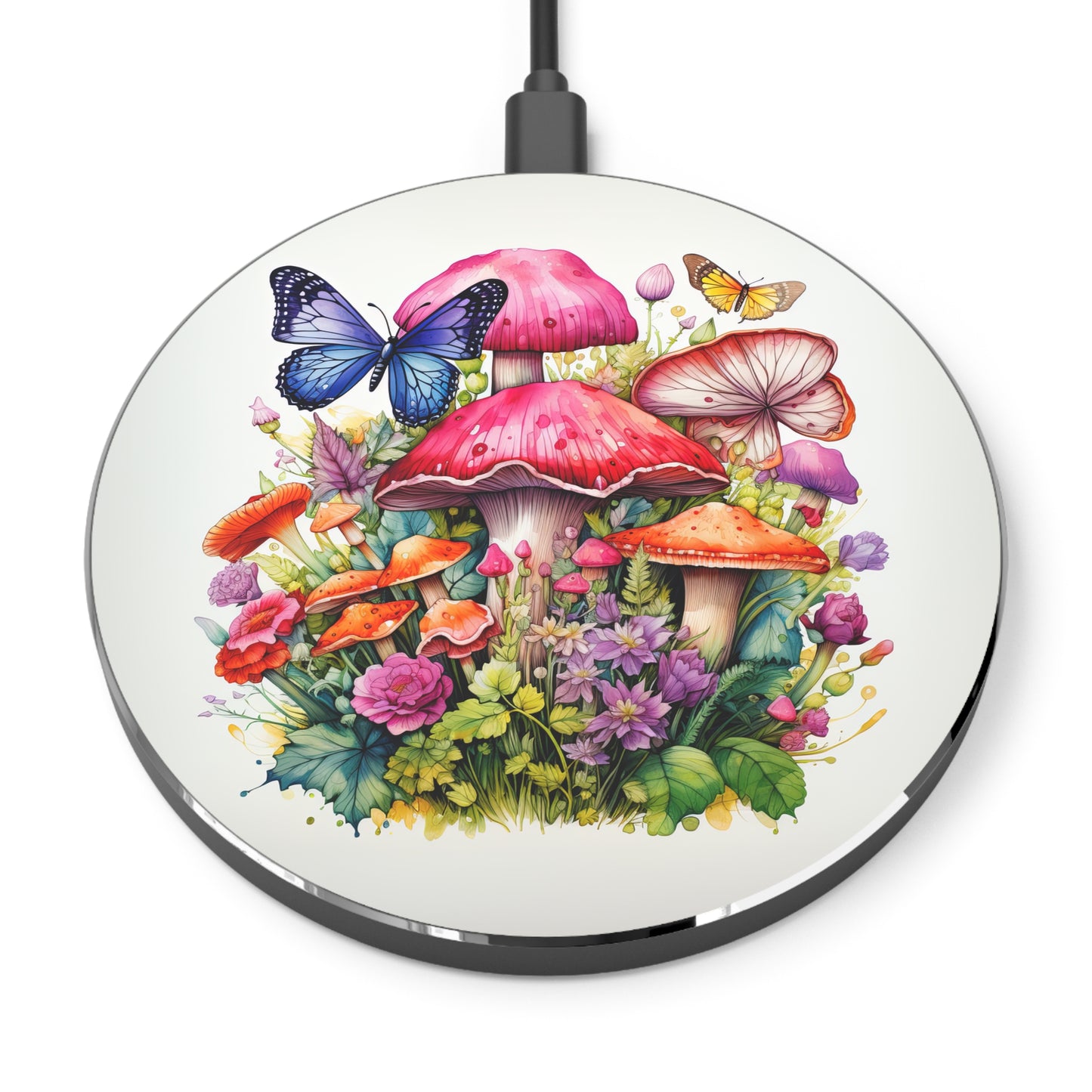 Magical Mushroom Oasis Where Flowers Bloom Amongst Butterflies Wireless Cell Phone 10W Charger