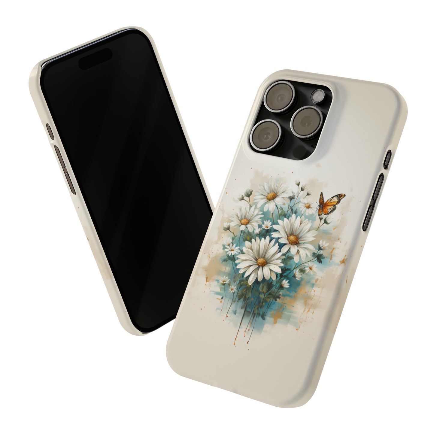 Rustic Farmhouse Teal and White Wild Daisies and Butterflies Iphone 15-12 Slim Phone Case