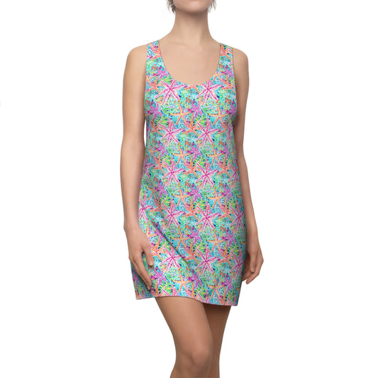 Oceanic Opulence: Vibrant Watercolor Starfish in a Sea of Color Women's Racerback Dress XS - 2XL