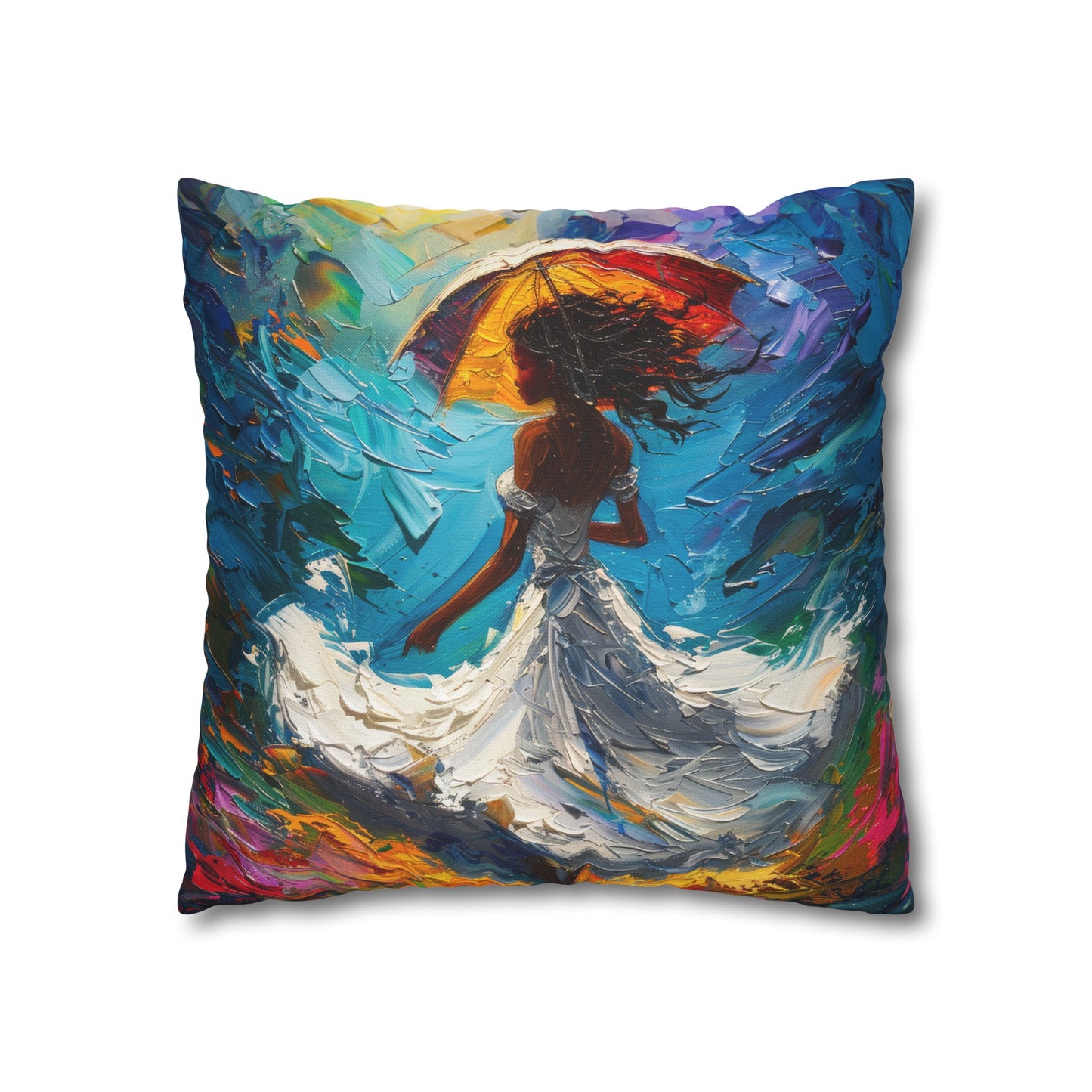 Dancing In The Rain and Sunshine Women in White Dress Swirling Floral Field of Flowers Spun Polyester Square Pillowcase 4 Sizes