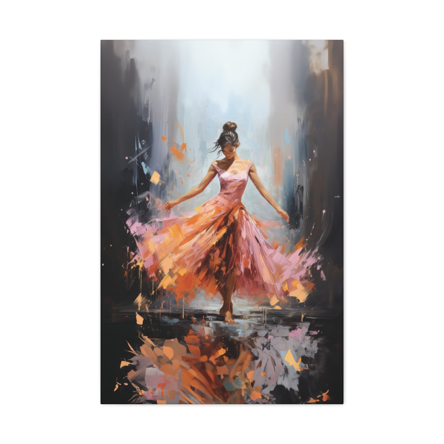 Swirling Splendor: Ballerina in Orange and Pink Dress Dancing Amidst the Reflecting Rain Print on Canvas Gallery - 13 Sizes