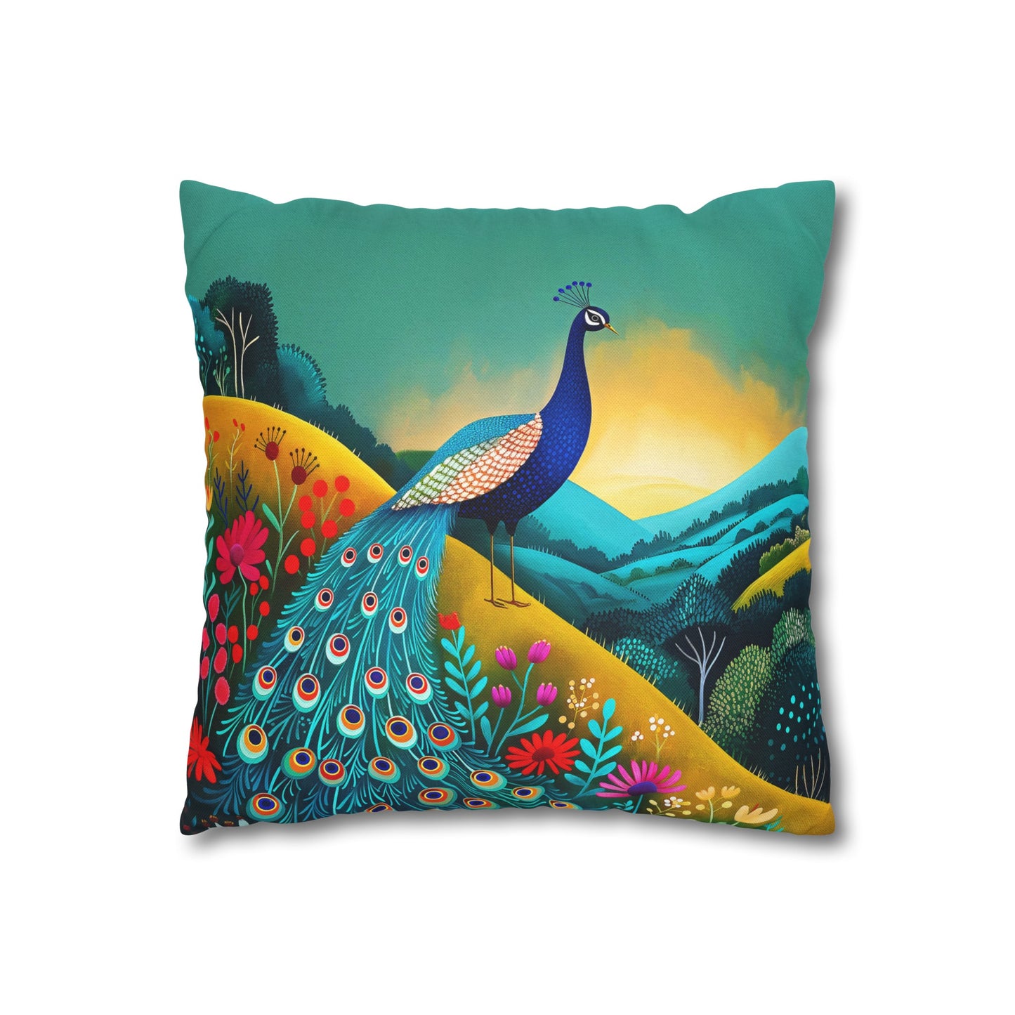 Radiant Peacock with Colorful Enchanted Garden and Sunrise Spun Polyester Square Pillowcase 4 Sizes