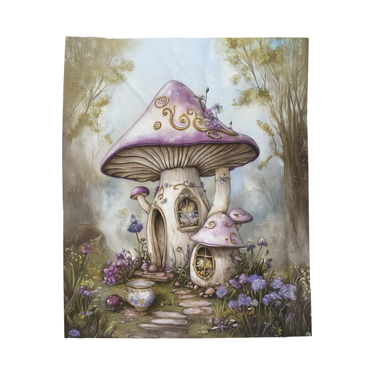 Lavender Mushroom Cottage Nestled in a Blooms of Enchantment Velveteen Plush Blanket 3 Sizes