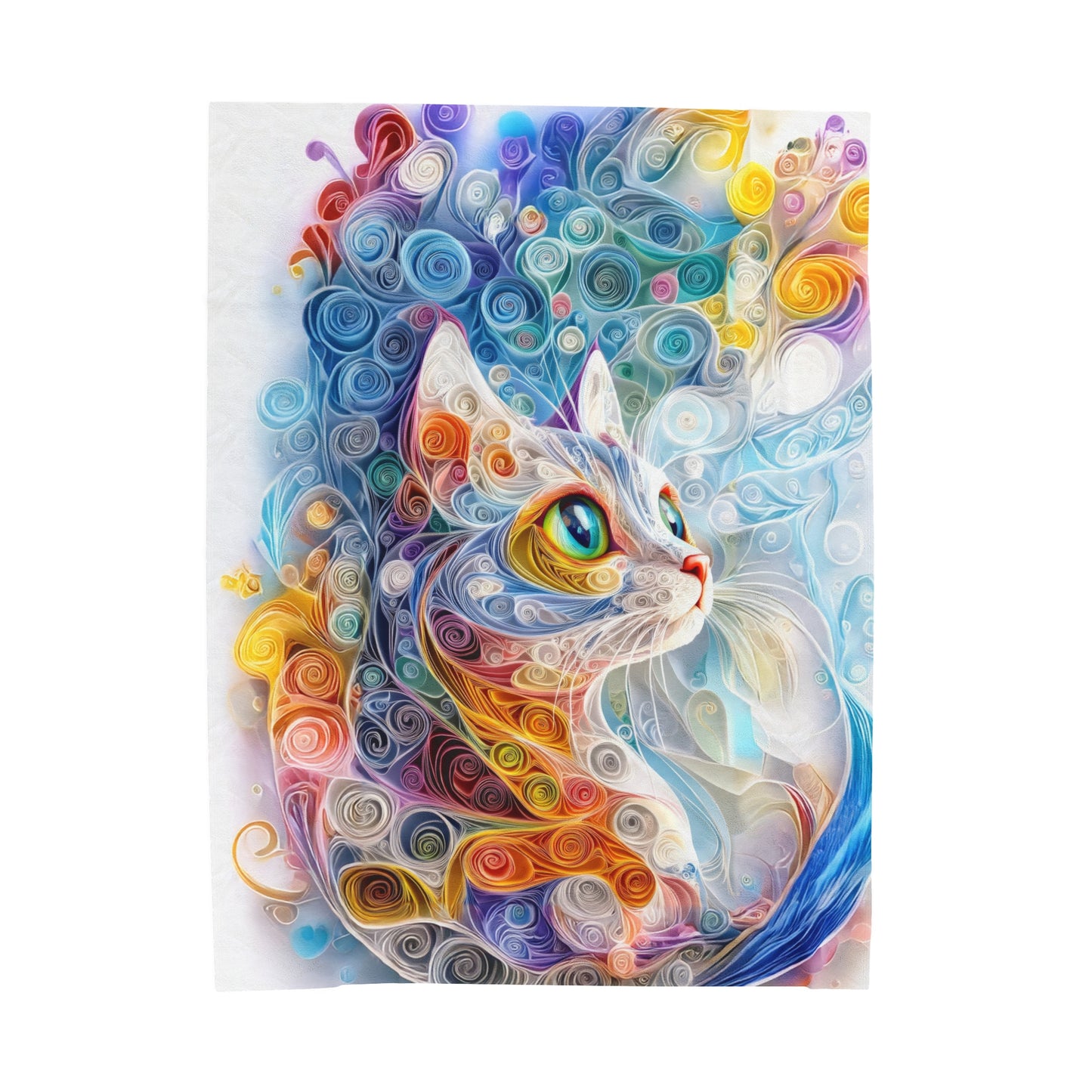 Mesmerizing Quilled Paper Art Cat Portrait in Vibrant Hues Velveteen Plush Blanket 3 Sizes