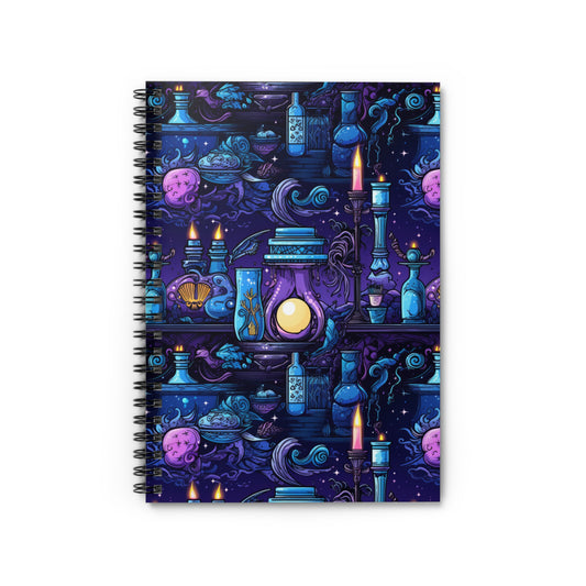 Mystical Brews and Enchantments: Purple and Blue Glowing Candles Set the Scene- Spiral Ruled Line Notebook 6"x8"