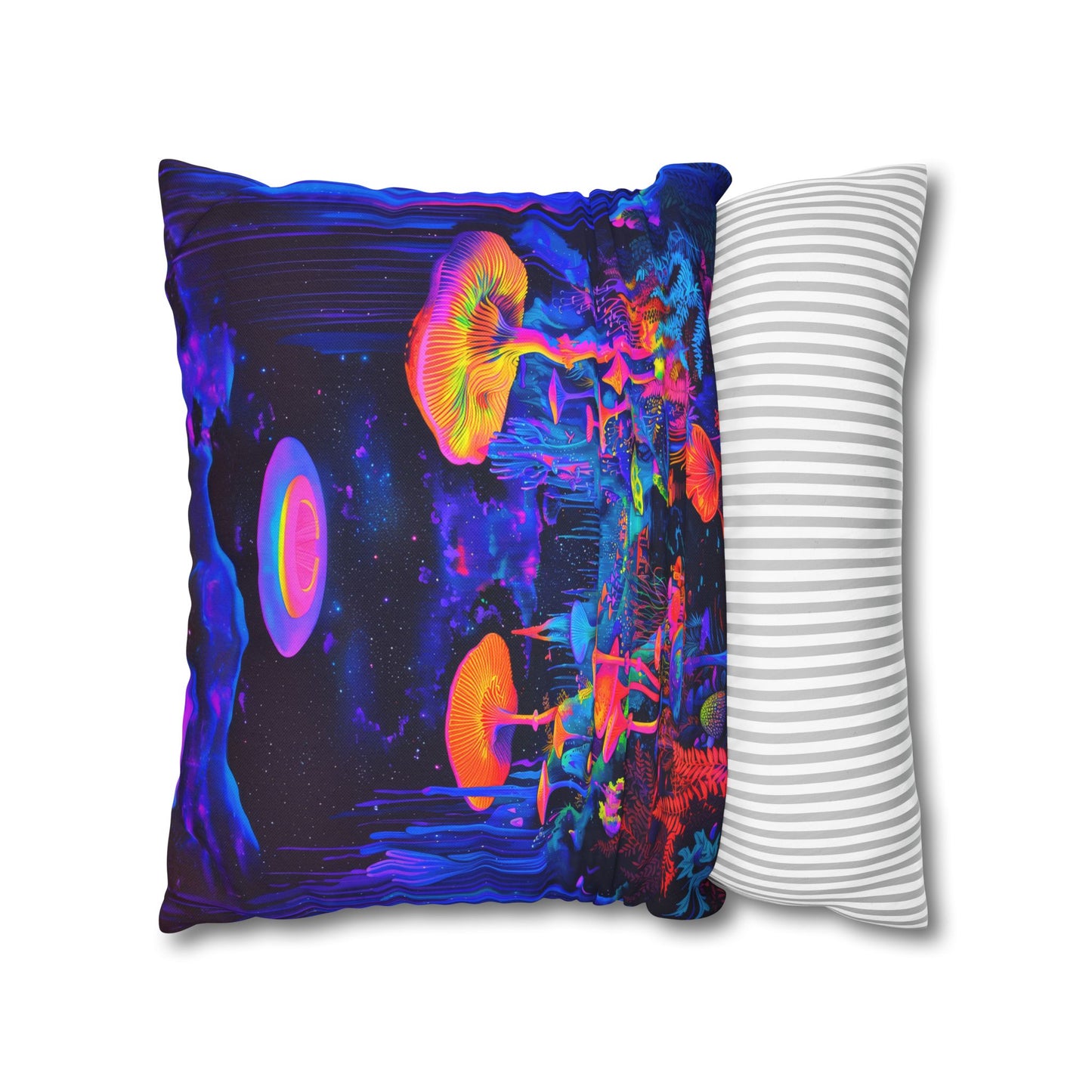 Vibrant Psychedelic Fantasy Neon Mushroom Forest Landscape Spun Polyester Square Pillowcase 4 Sizes