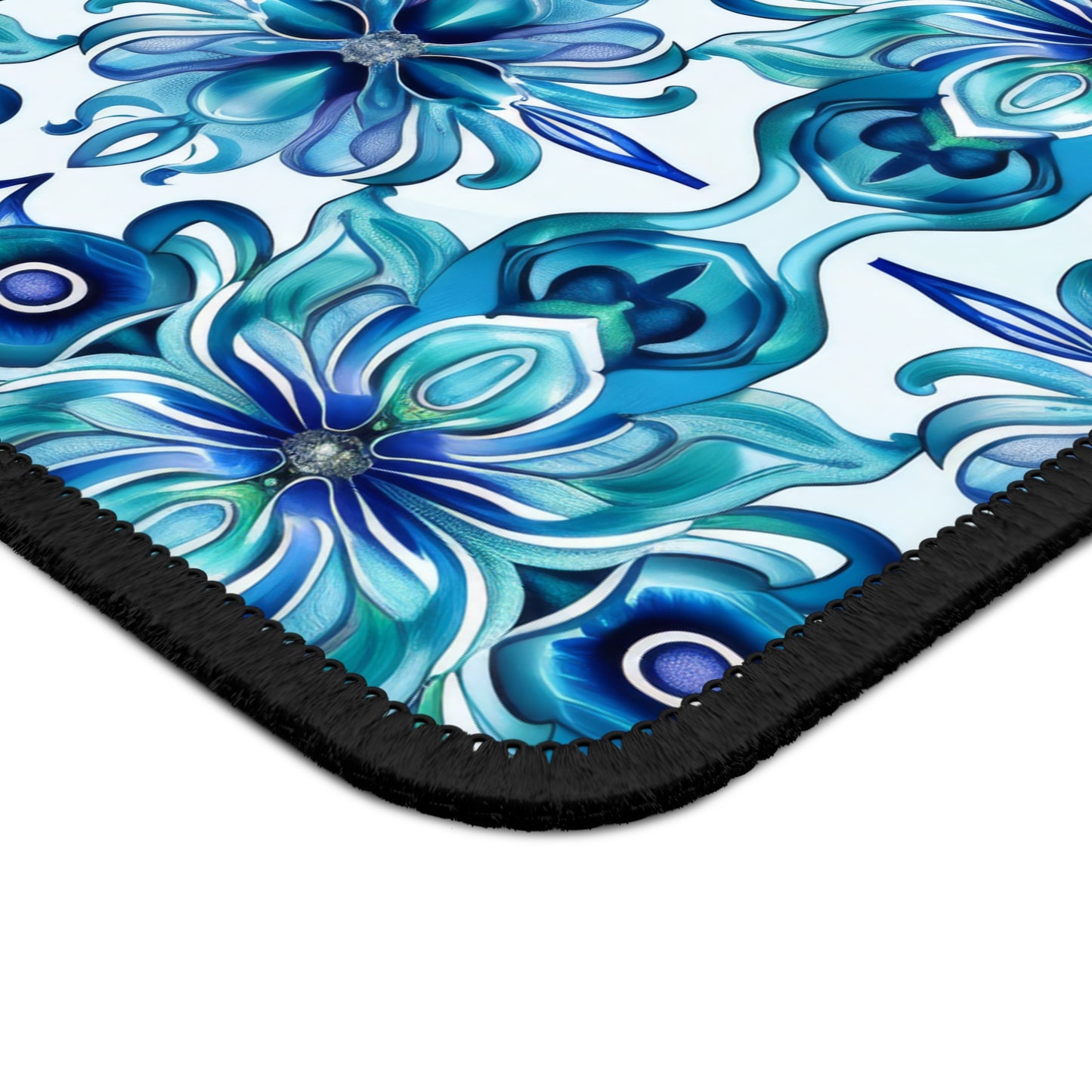 Blossom Symphony of Blue Teal Intricate Floral Pattern Gaming Mouse Pad with Finished Edges