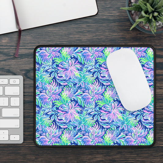 Seaside Serenade: Coastal Pink, Navy, and Green Tropical Blooms Dancing Gaming Mouse Pad with Finished Edges