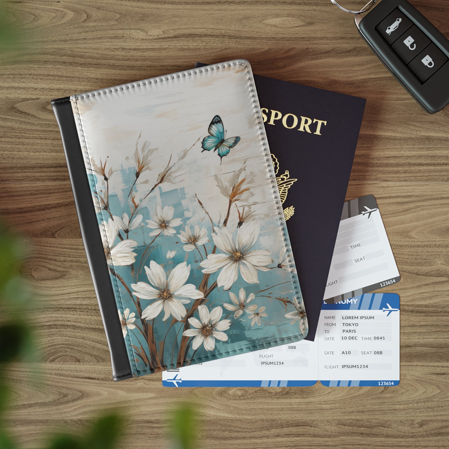 Rustic Farmhouse White and Teal Wild Daisies and Butterflies - Passport Cover Faux Leather RFID Blocking