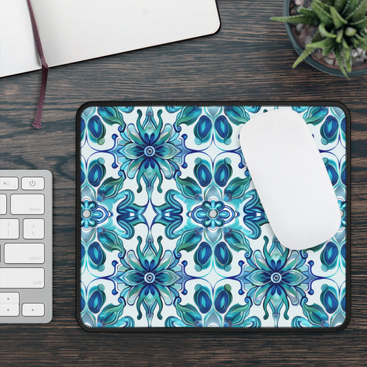 Exquisite Blue Lotus Elegance Floral Mosaic Design Gaming Mouse Pad with Finished Edges