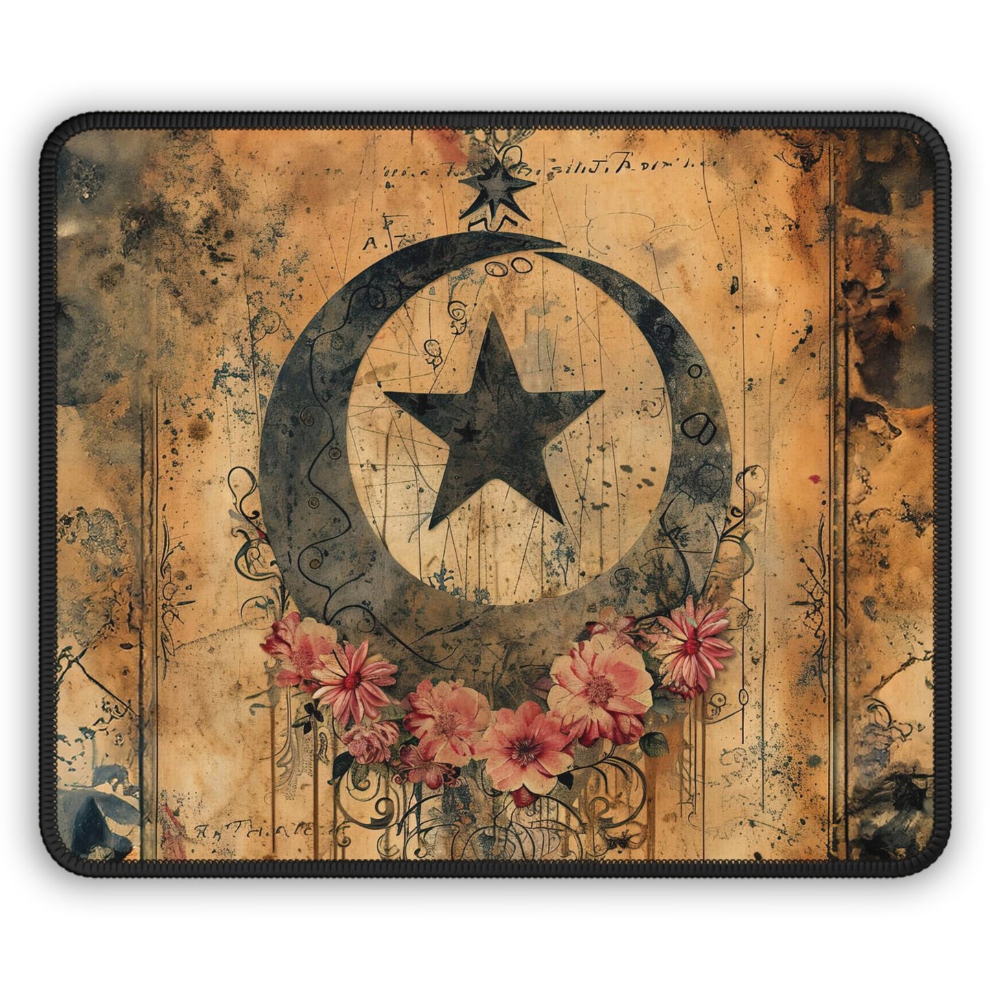 Mystical Vintage Celestial Moon Stars and Flowers Gaming Mouse Pad with Finished Edges