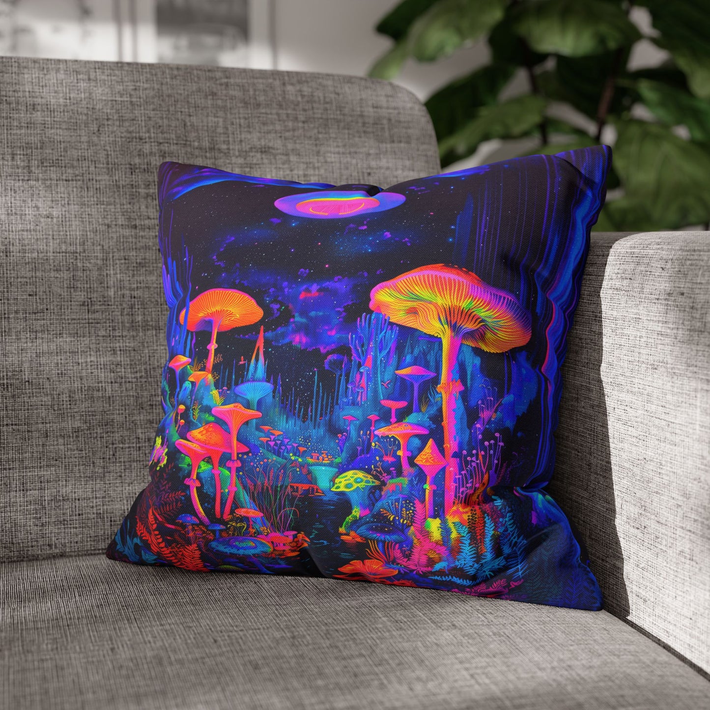 Vibrant Psychedelic Fantasy Neon Mushroom Forest Landscape Spun Polyester Square Pillowcase 4 Sizes