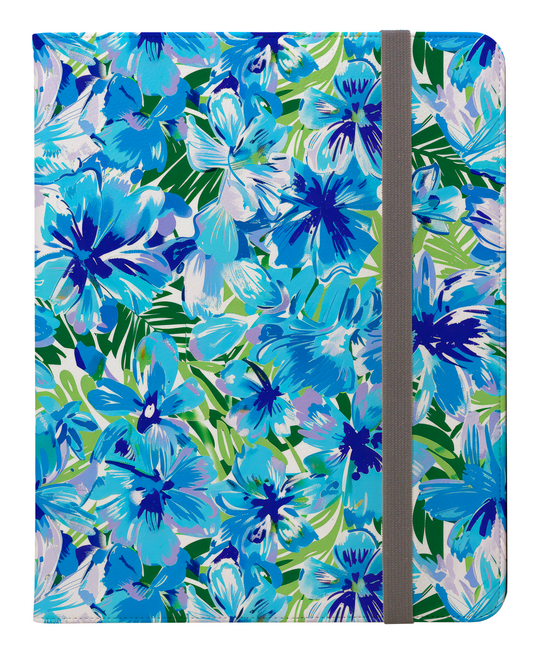 Azure Bloom Oasis: Bright Blue Large Flowers with Lush Green Palm Leaves Protective iPad Pro 11 & Pro 12.9 Protective Case and Pencil Holder