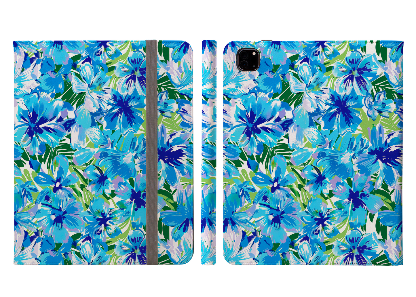 Azure Bloom Oasis: Bright Blue Large Flowers with Lush Green Palm Leaves Protective iPad Pro 11 & Pro 12.9 Protective Case and Pencil Holder