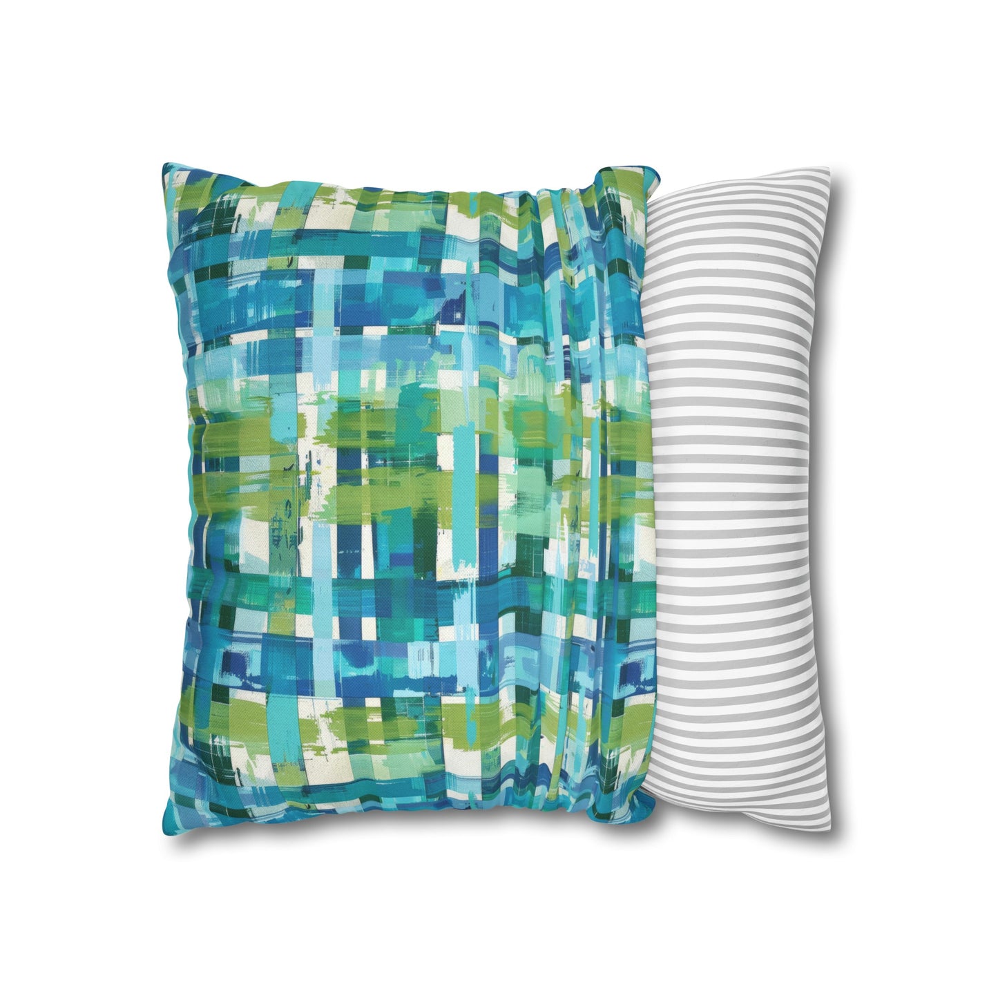 Enchanted Lagoon: Vibrant Green and Blue Abstract Plaid Spun Polyester Square Pillowcase 4 Sizes