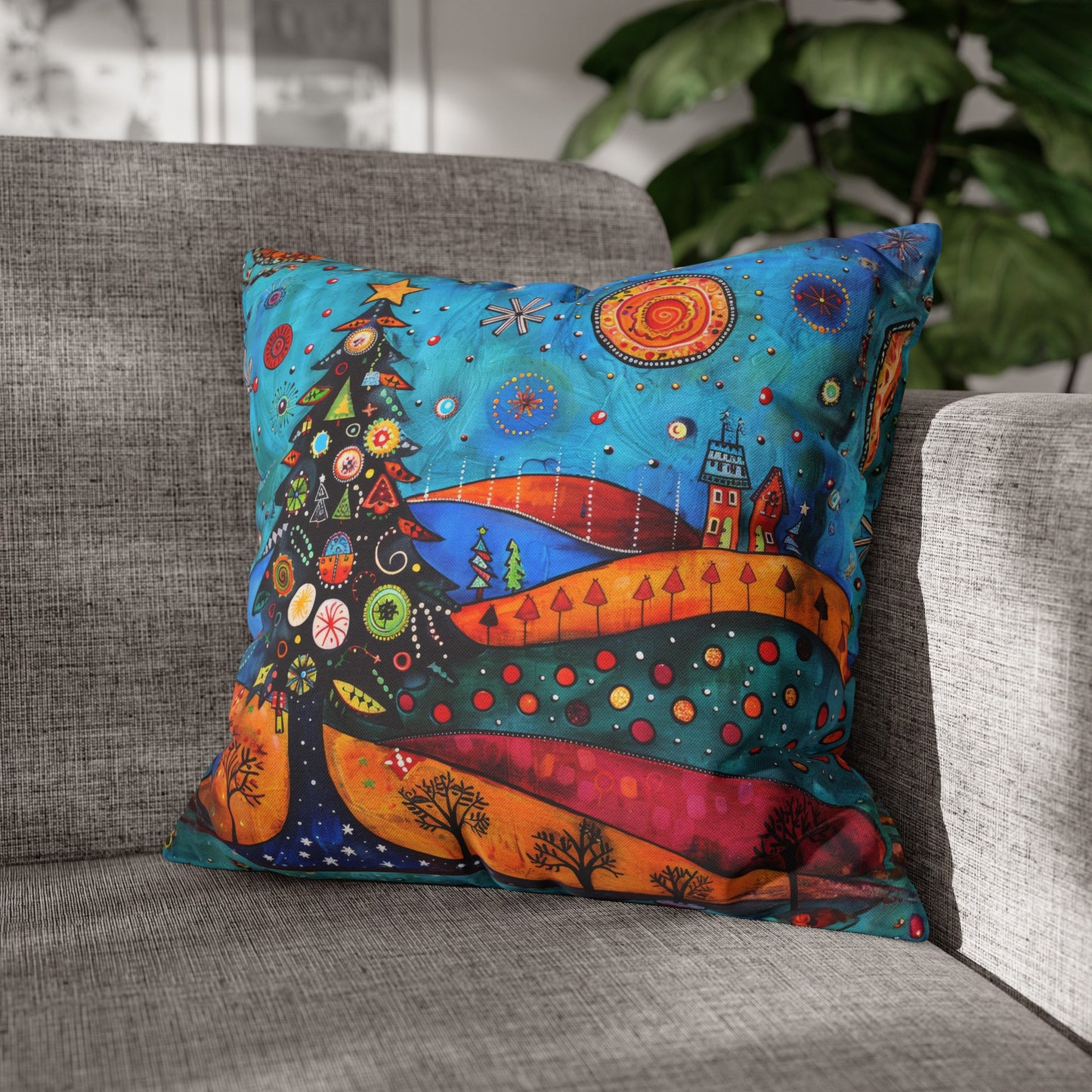 Folk Art Christmas Tree Nestled Amidst Rolling Hills Spun Polyester Square Pillowcase 4 Sizes