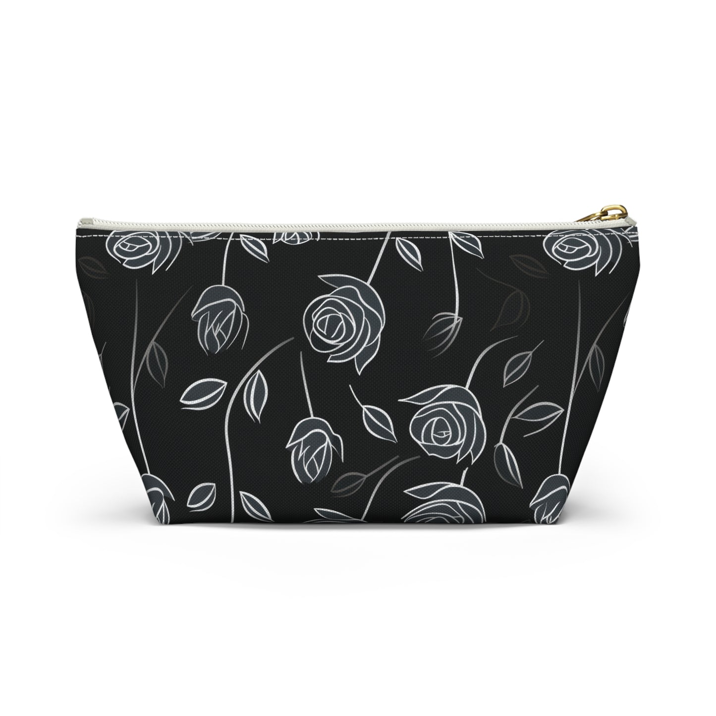 Contrasting Elegance: White Outlined Roses on a Black Background  - Makeup & Accessory Bag 2 Sizes