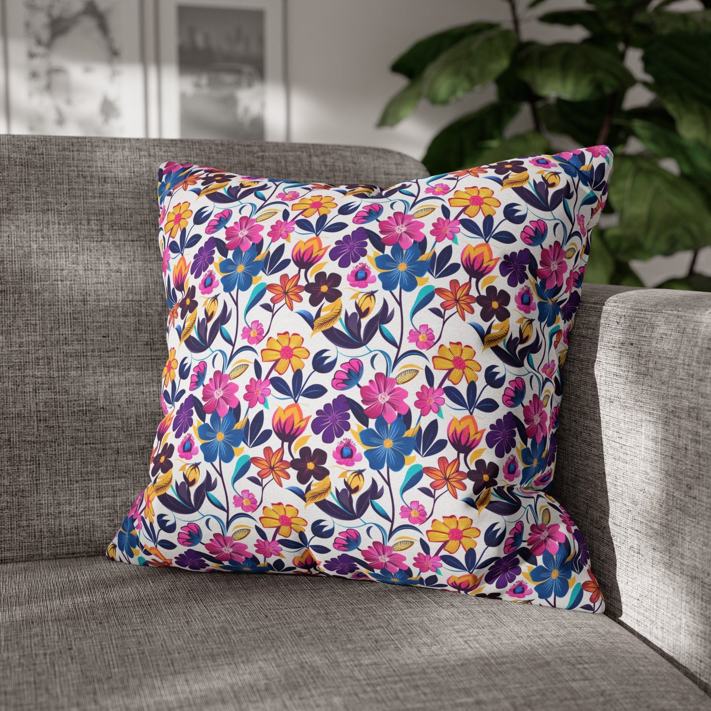 Floral Fiesta Vibrant Multicolor Flower Pattern Spun Polyester Square Pillowcase 4 Sizes