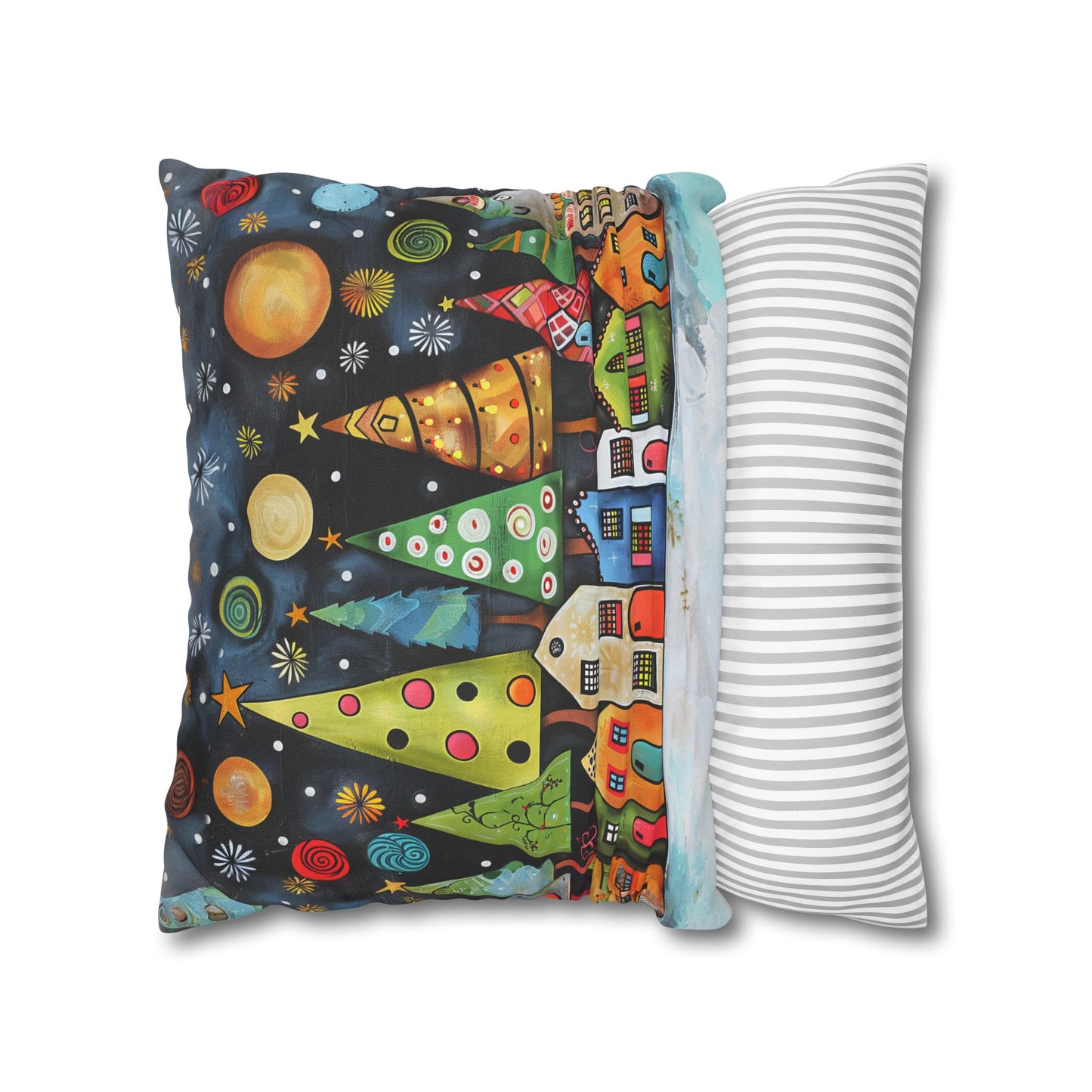 Holiday Haven: Abstract Folk Art Christmas Village Adorned with Christmas Trees Scene Spun Polyester Square Pillowcase 4 Sizes