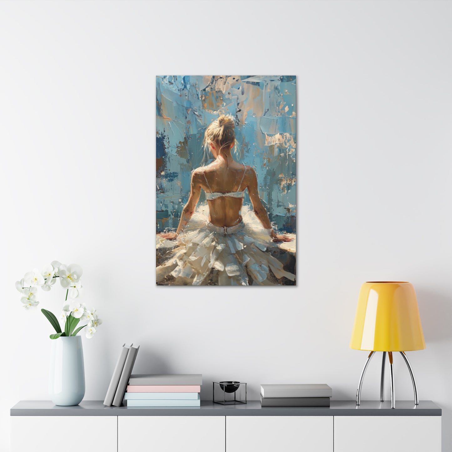 Sunlit Serenity Ballerina in White Dress, Bathed in Sunlight and Blue Skies with Back Turned Print on Canvas Gallery - 13 Sizes