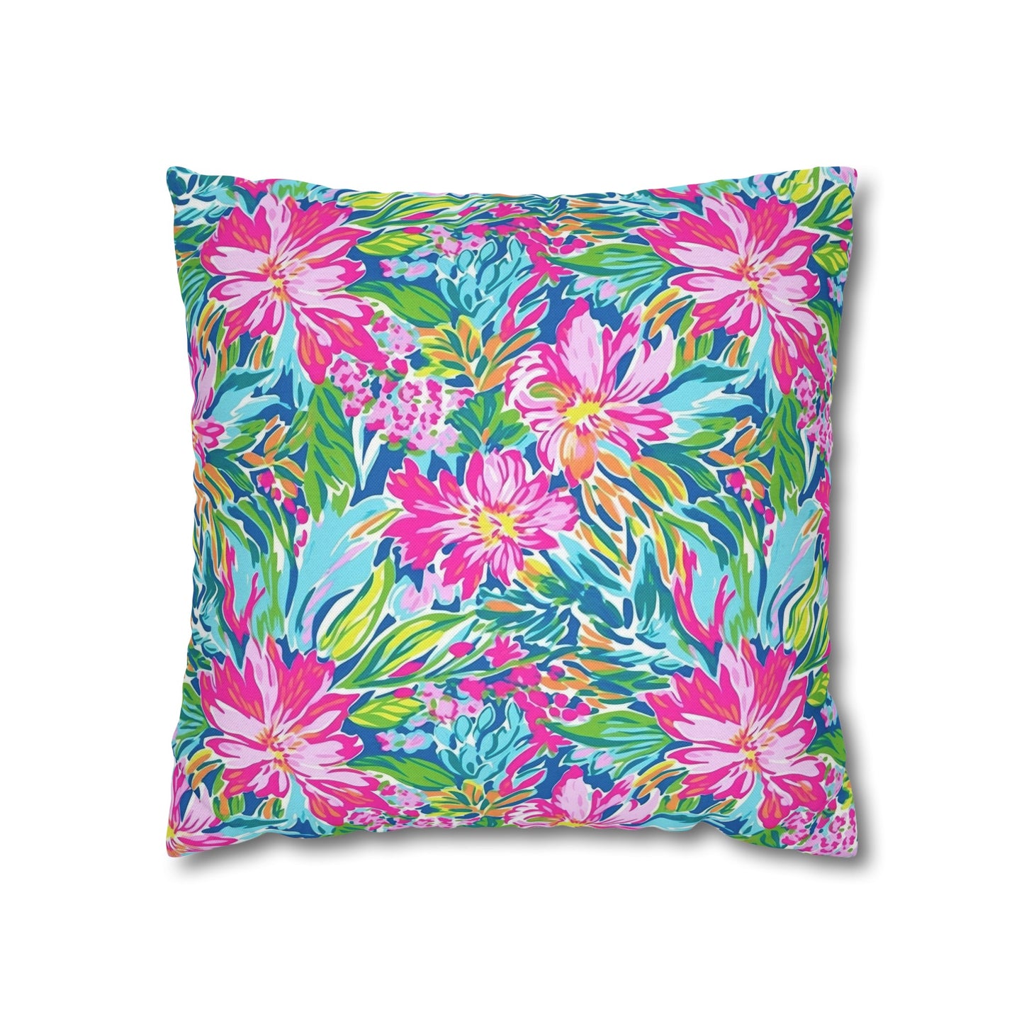 Sunlit Symphony: Large Blooms of Pink, Blue, and Green in Watercolor Spun Polyester Square Pillowcase 4 Sizes