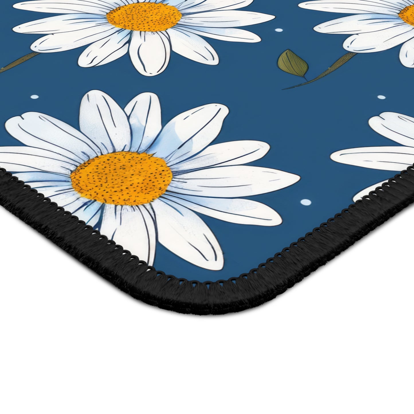 Elegant White Daisies on Navy Blue Background Gaming Mouse Pad with Finished Edges