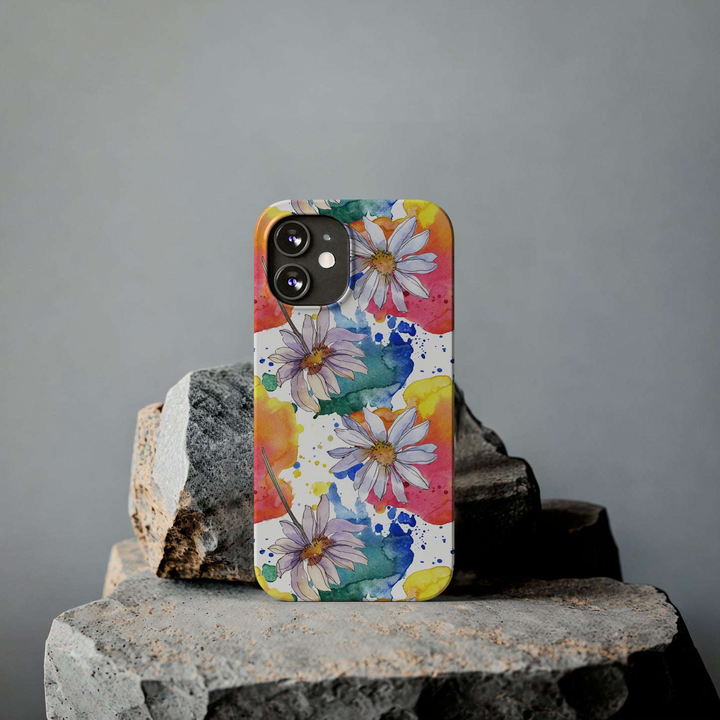 Large Colorful Watercolor Daisy Design Iphone 15-12 Slim Phone Case