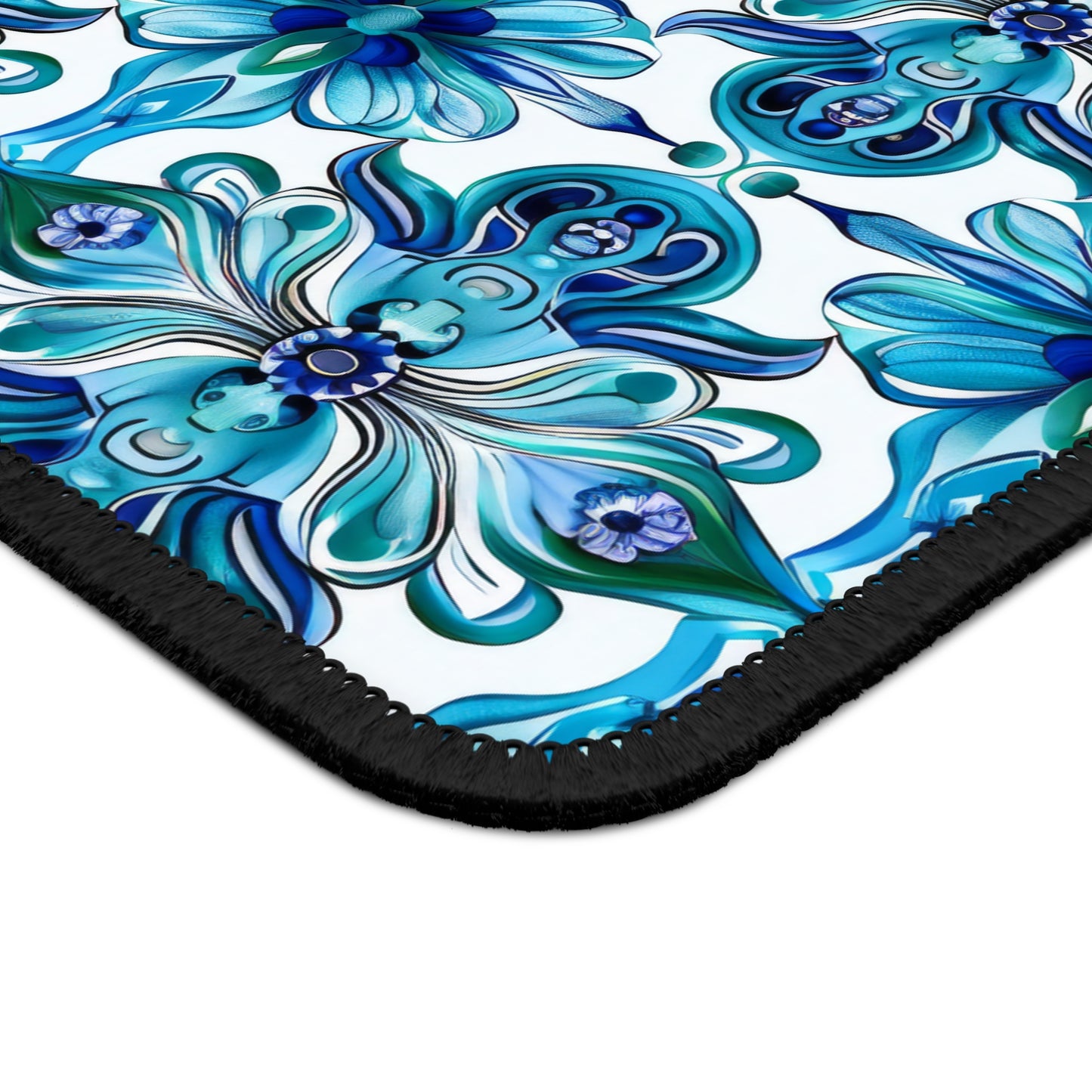 Vibrant Tapestry of Teal and Blue Flowers Mouse Pad with Finished Edges