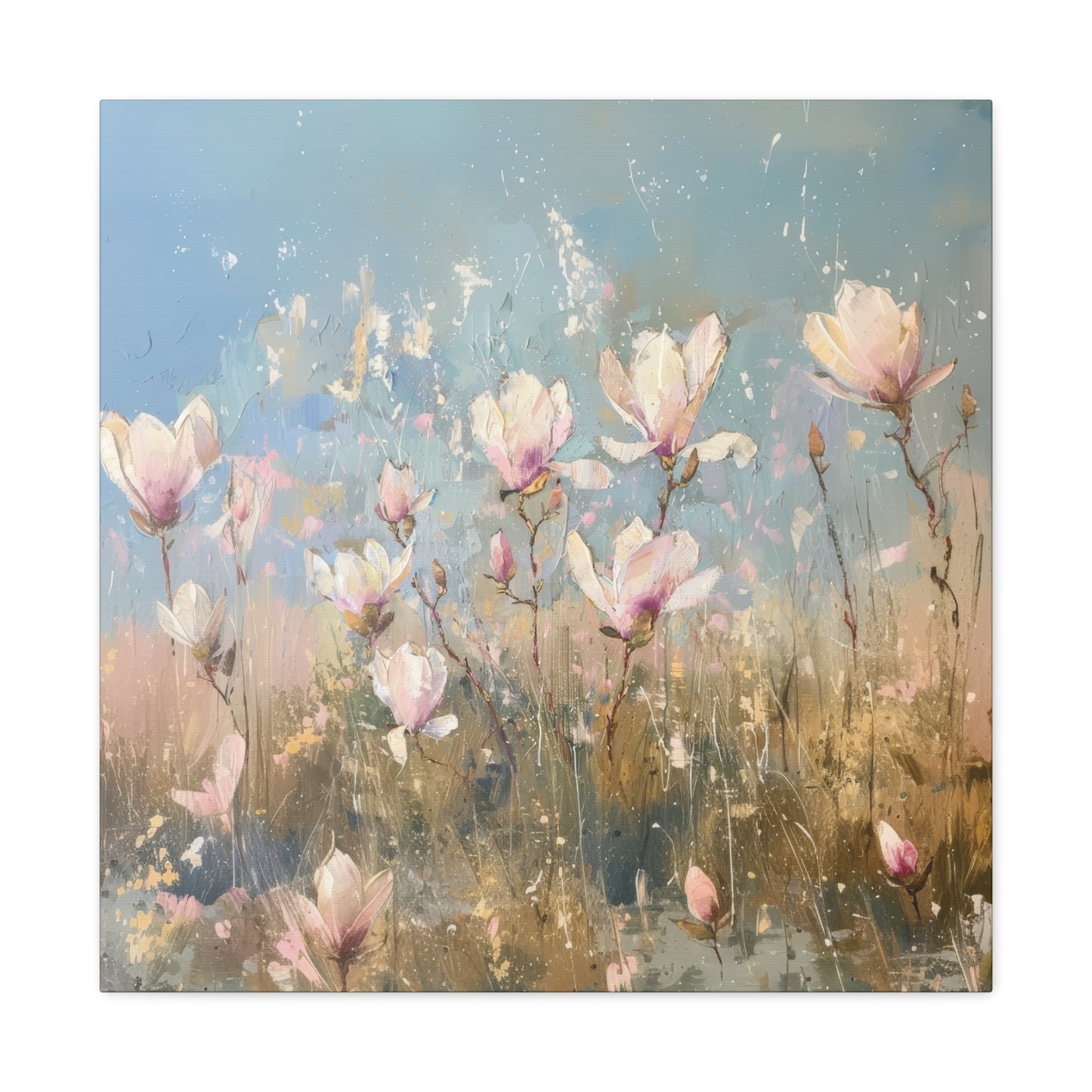 Gentle Spring Serenity: Soft White and Pink Wildflowers Blooming in a Sunlit Field Print on Canvas Gallery Wraps  - 5 Sizes