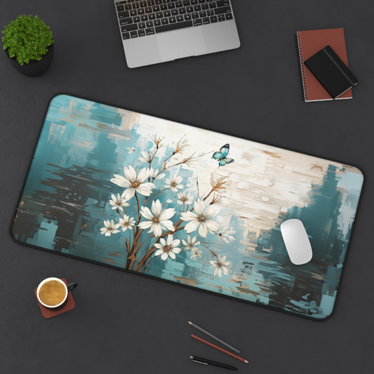 Rustic Farmhouse White and Teal Wild Daisies and Butterflies - Desk Mat Extended Gaming Mouse Pad 3 Sizes