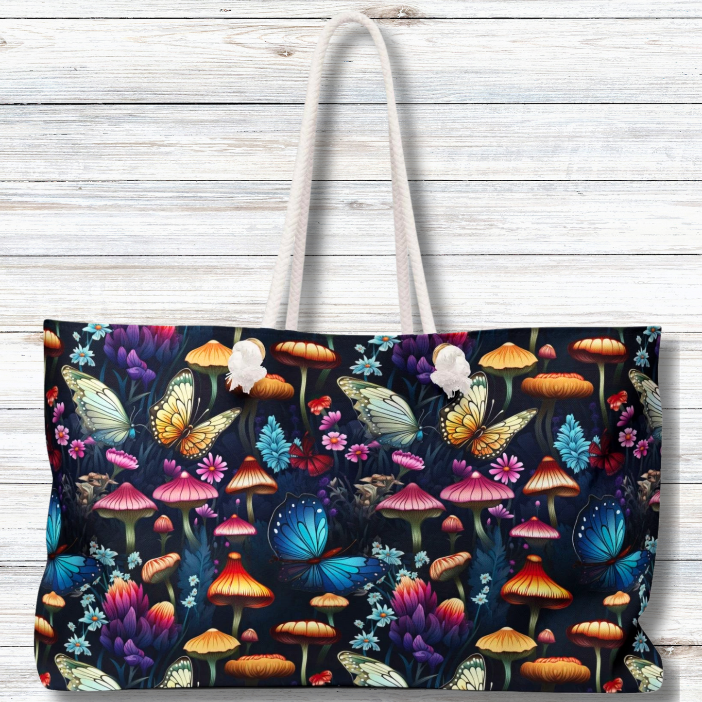 Mystical Butterflies and Mushroom Nighttime Garden - Weekender Oversized Canvas Tote Bag 24" × 13"