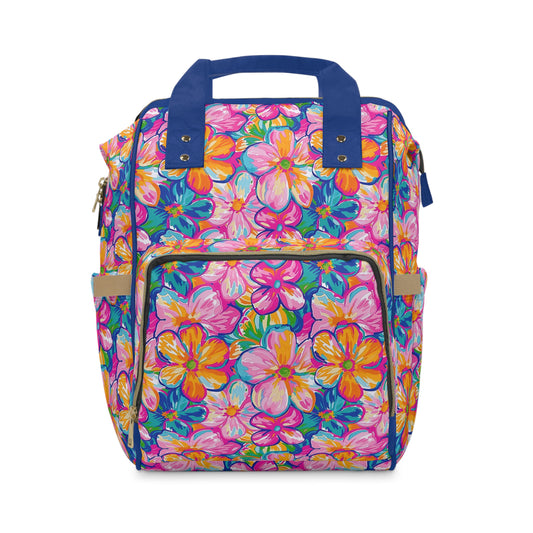 Chromatic Blossoms: Large Watercolor Flowers in Mixed Pinks, Blues, and Oranges Multifunctional Diaper Backpack