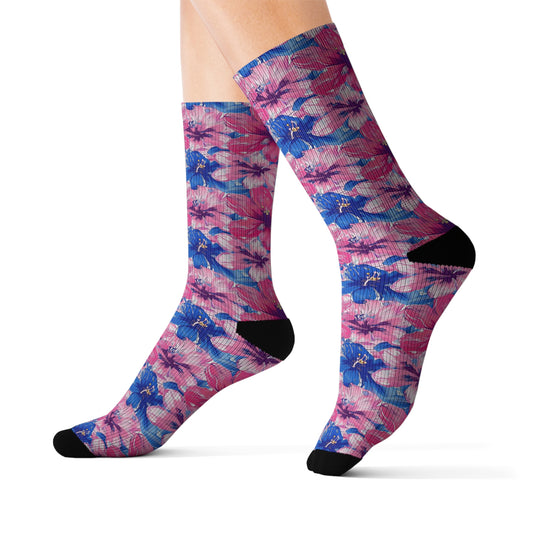 Blooming Bliss: Large Pink and Blue Blossoms in Full Bloom Ribbed Crew Socks