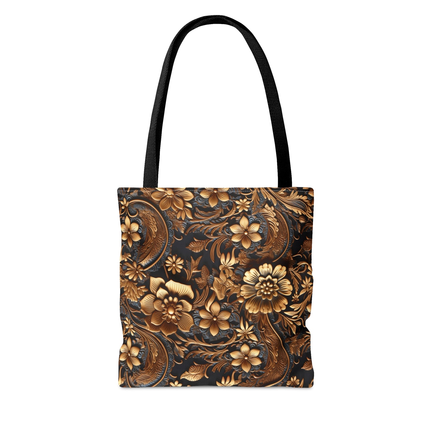 Tooled Leather Large Gold Flowers with Blue Leaf Swirl Accents Print Design  - Canvas Tote 3 Sizes