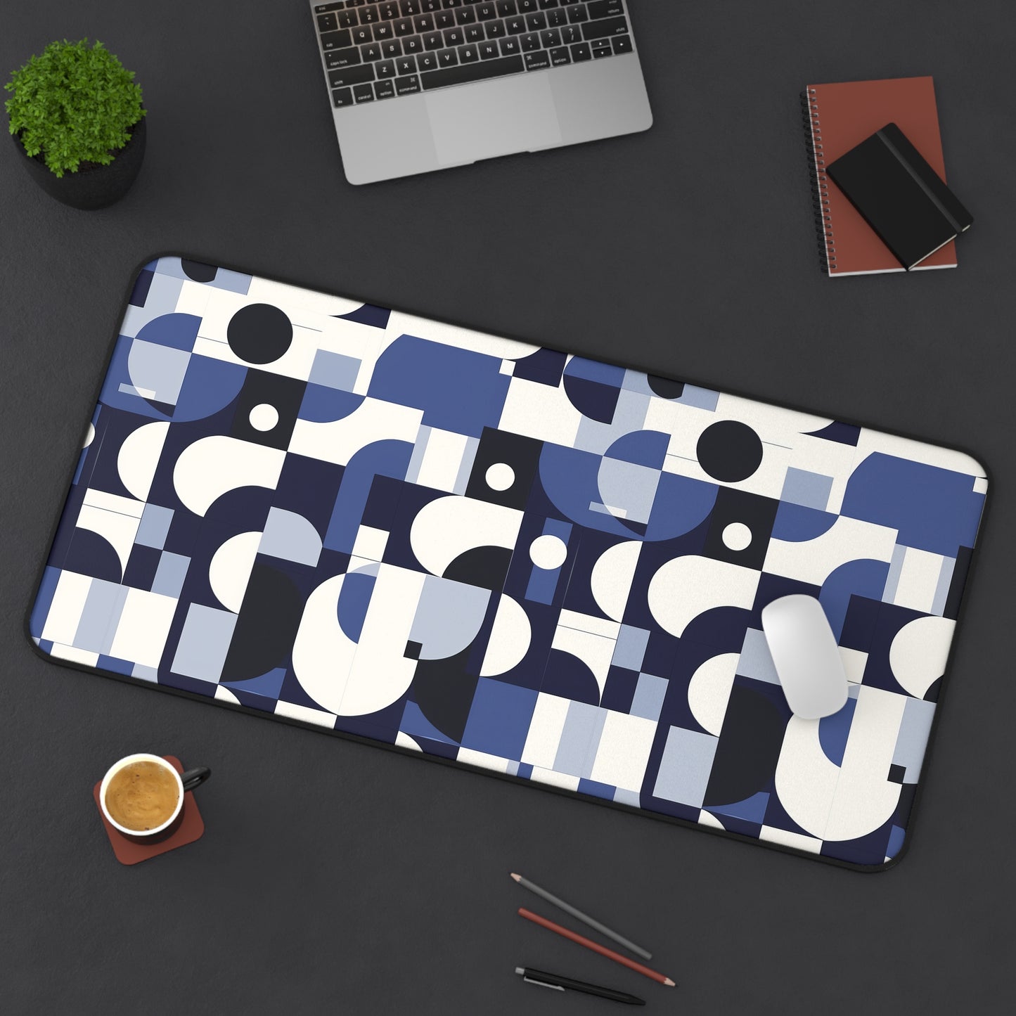 Navy Blue and White Mid-Century Modern Design Extended Gaming Mouse Pad  Desk Mat  - 3 Sizes