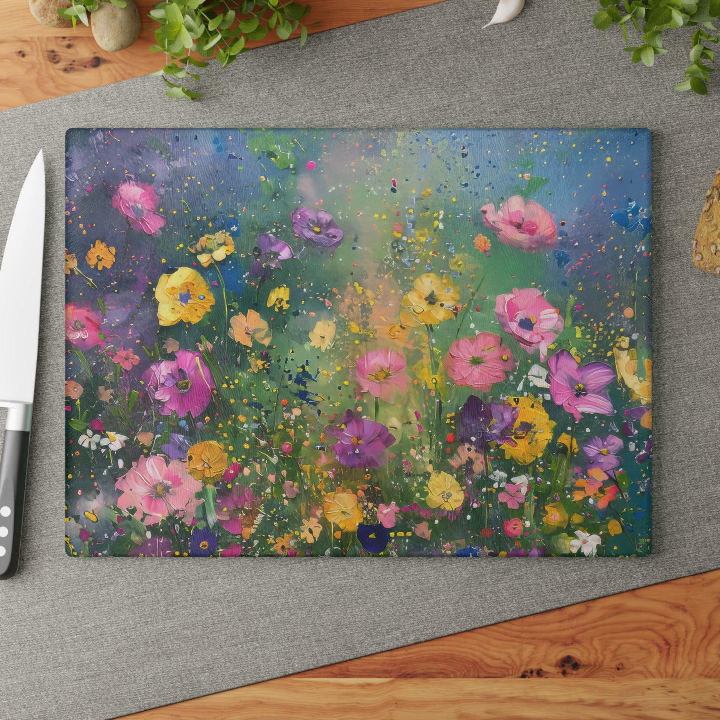 Field of Bright Spring Flowers Print Glass Cutting Board 2 Sizes