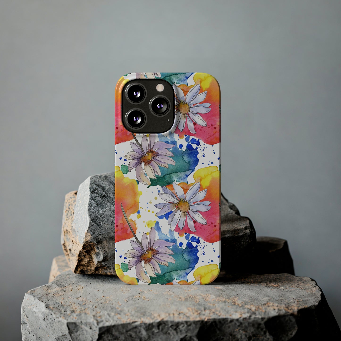 Large Colorful Watercolor Daisy Design Iphone 15-12 Slim Phone Case