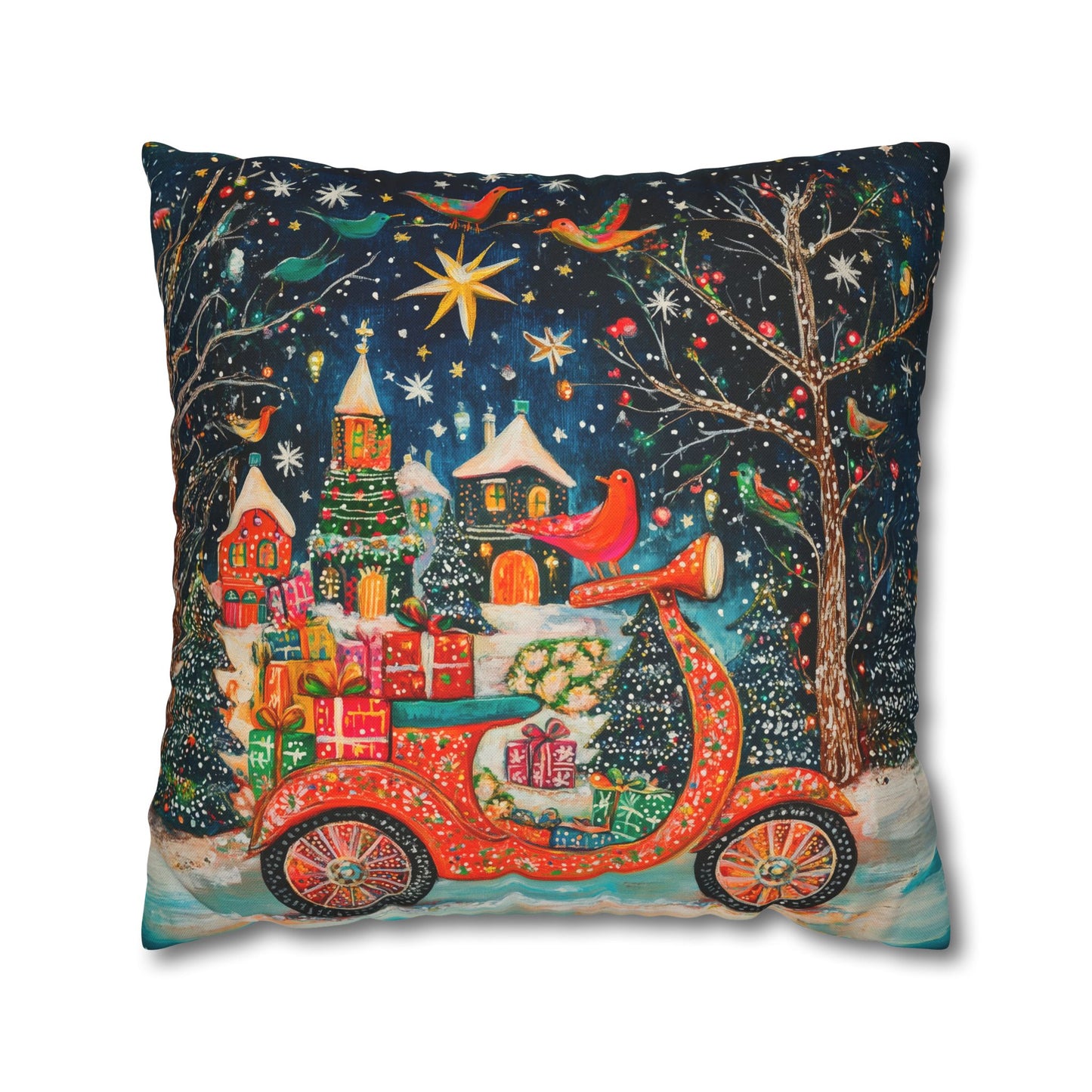 Yuletide Express Festive Scooter Filled with Gifts Spun Polyester Square Pillowcase 4 Sizes