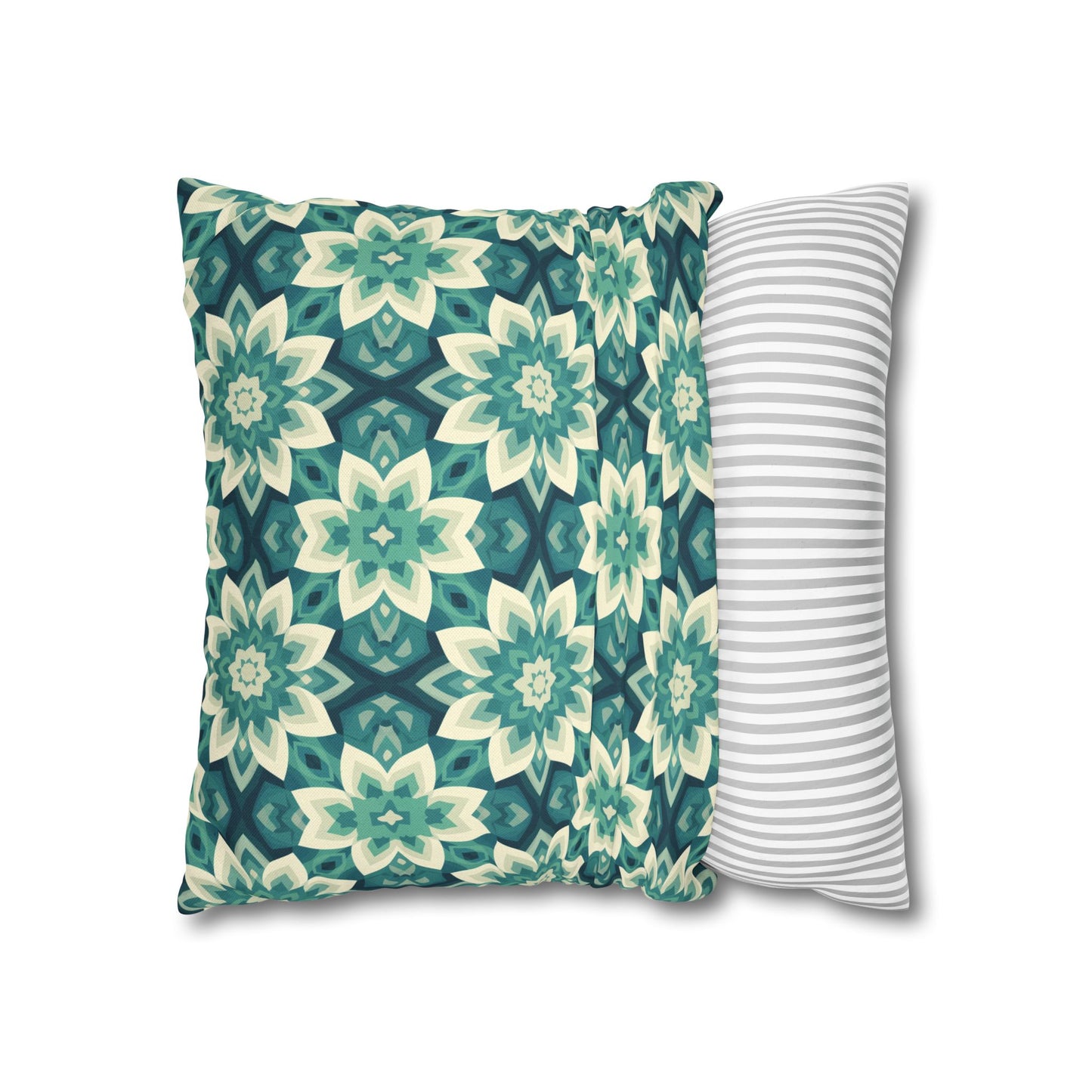 Intricate Aqua and Teal Mandala Floral Pattern Spun Polyester Square Pillowcase 4 Sizes